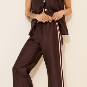 DONNI. Brown Silk Track Pants with Pink Stripes